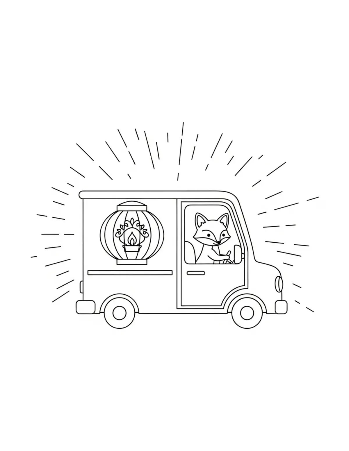 Free printable coloring page: tiny-fox-driving-a-lantern-del coloring page. Cute and cozy design for kids and adults to download and print.