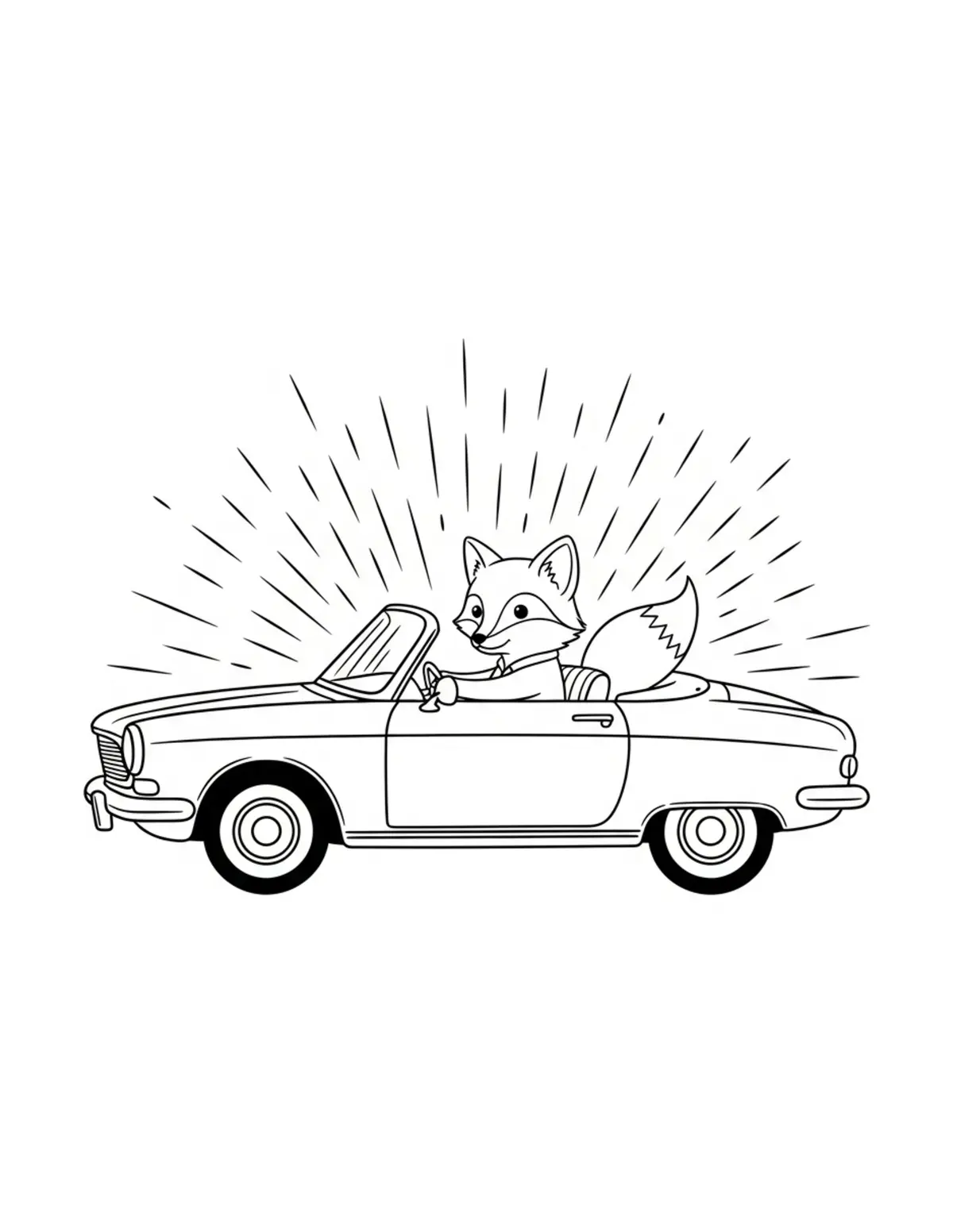 Free printable coloring page: tiny-fox-driving-a-vintage-con coloring page. Cute and cozy design for kids and adults to download and print.