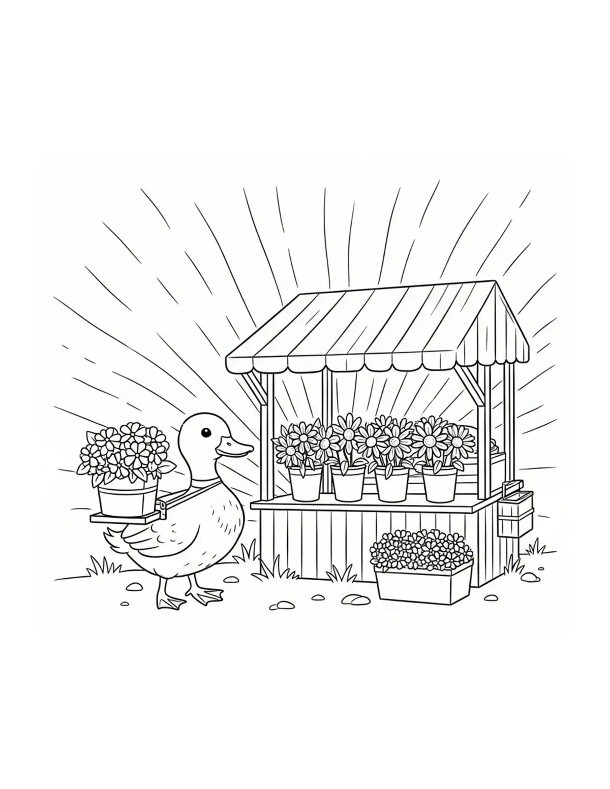 Tiny Duck Delivering Fresh Flo Coloring Page - free printable JPG featuring adorable tiny animal village scene