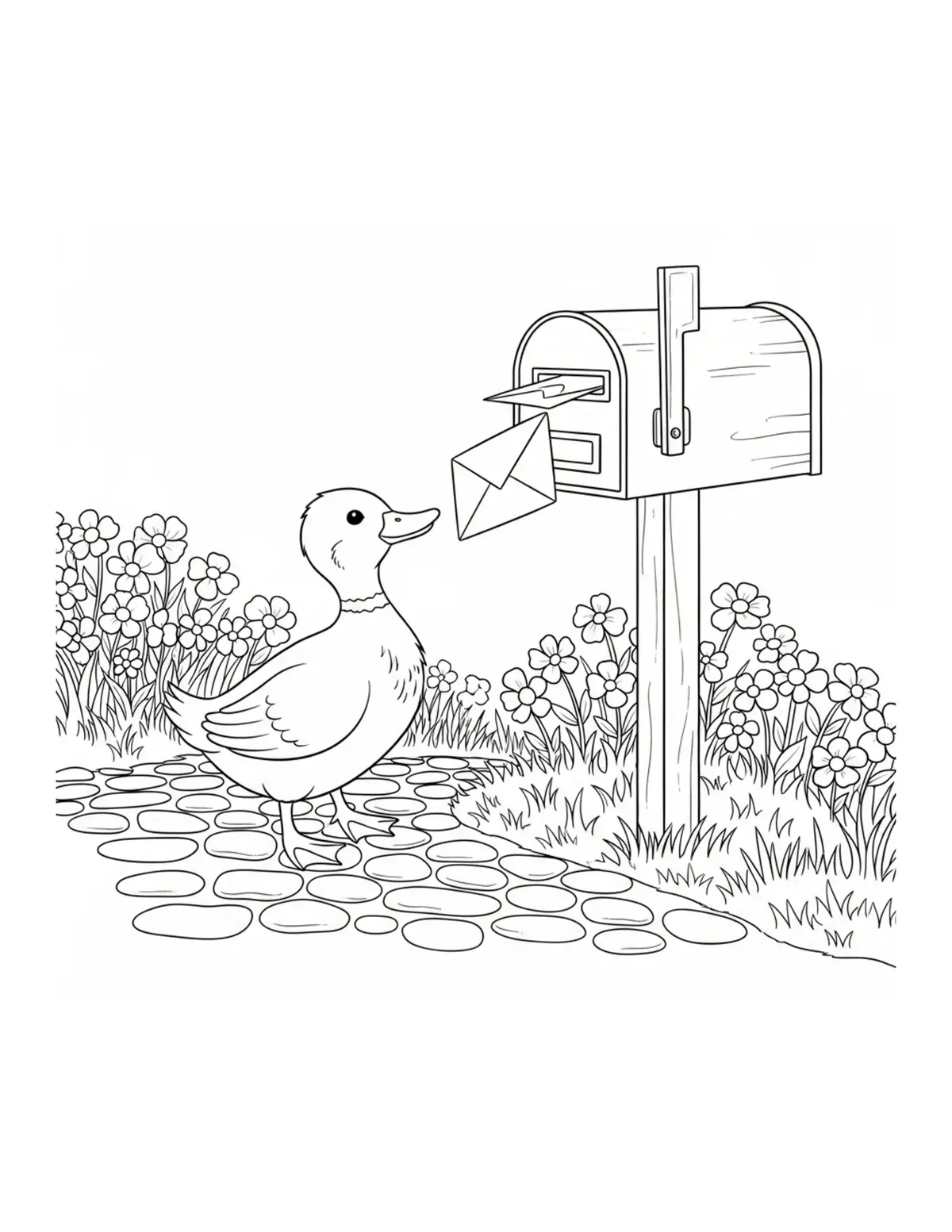 Tiny Duck Placing Letters Into Coloring Page - free printable JPG featuring adorable tiny animal village scene