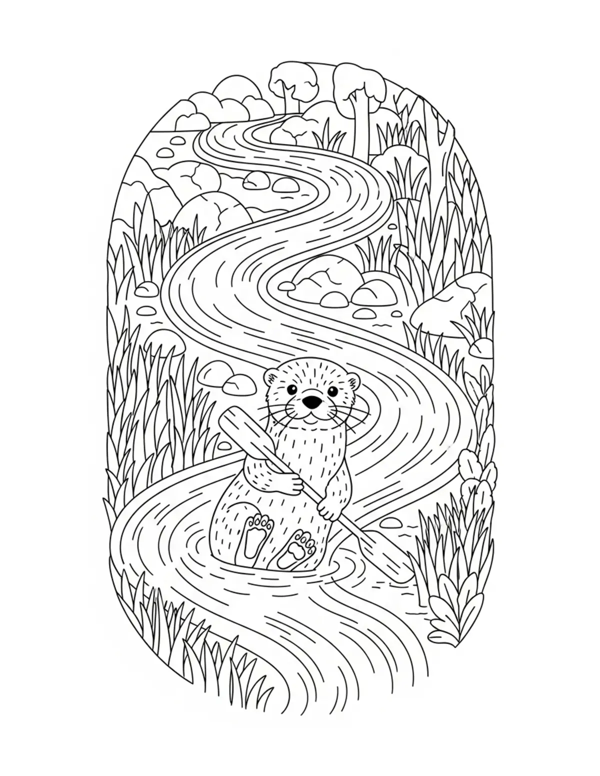 Free printable coloring page: tiny otter paddling through a coloring page. Cute and cozy tiny animal design for kids and adults to download and print.