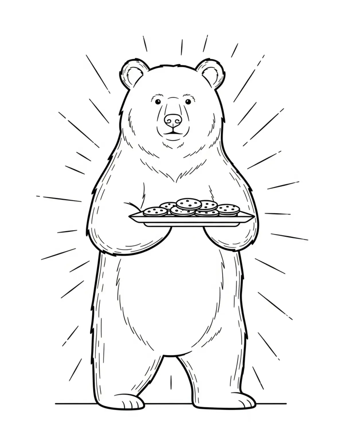Free printable coloring page: bear-carrying-tray-of-cookies coloring page. Cute and cozy design for kids and adults to download and print.