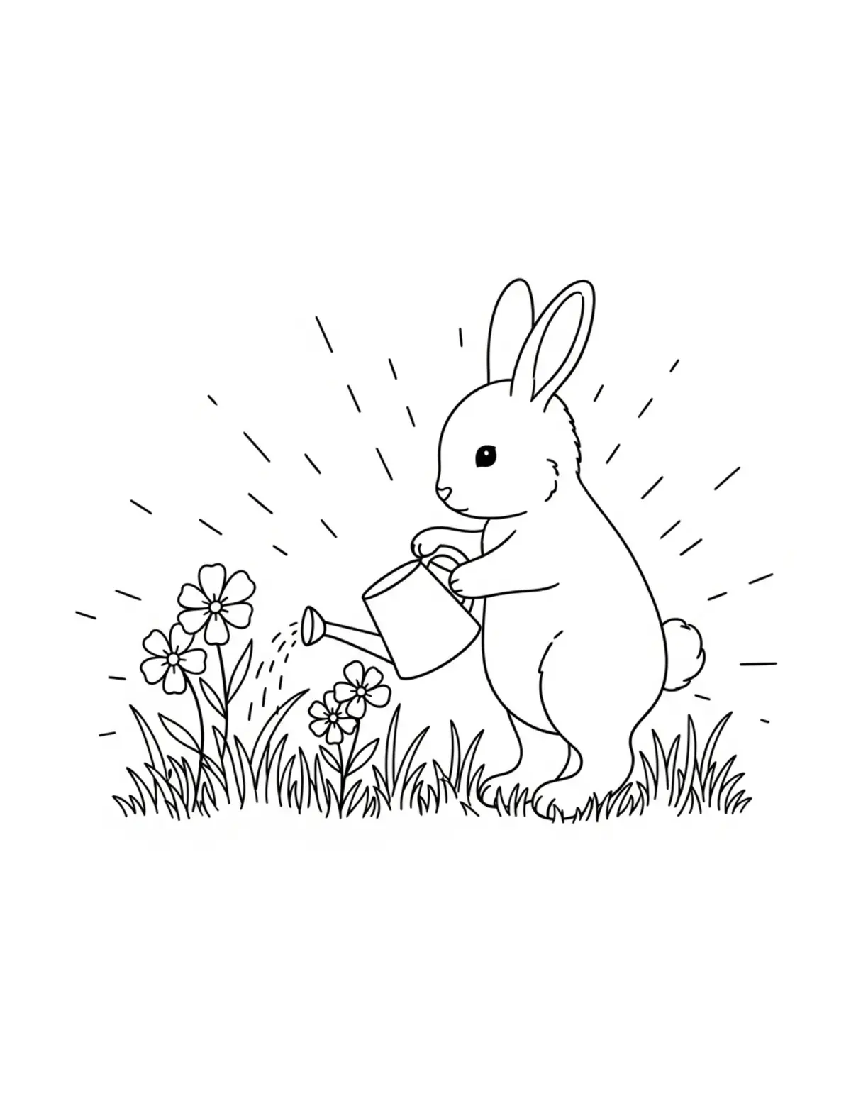 Free printable coloring page: bunny watering flowers coloring page. Cute and cozy design for kids and adults to download and print.
