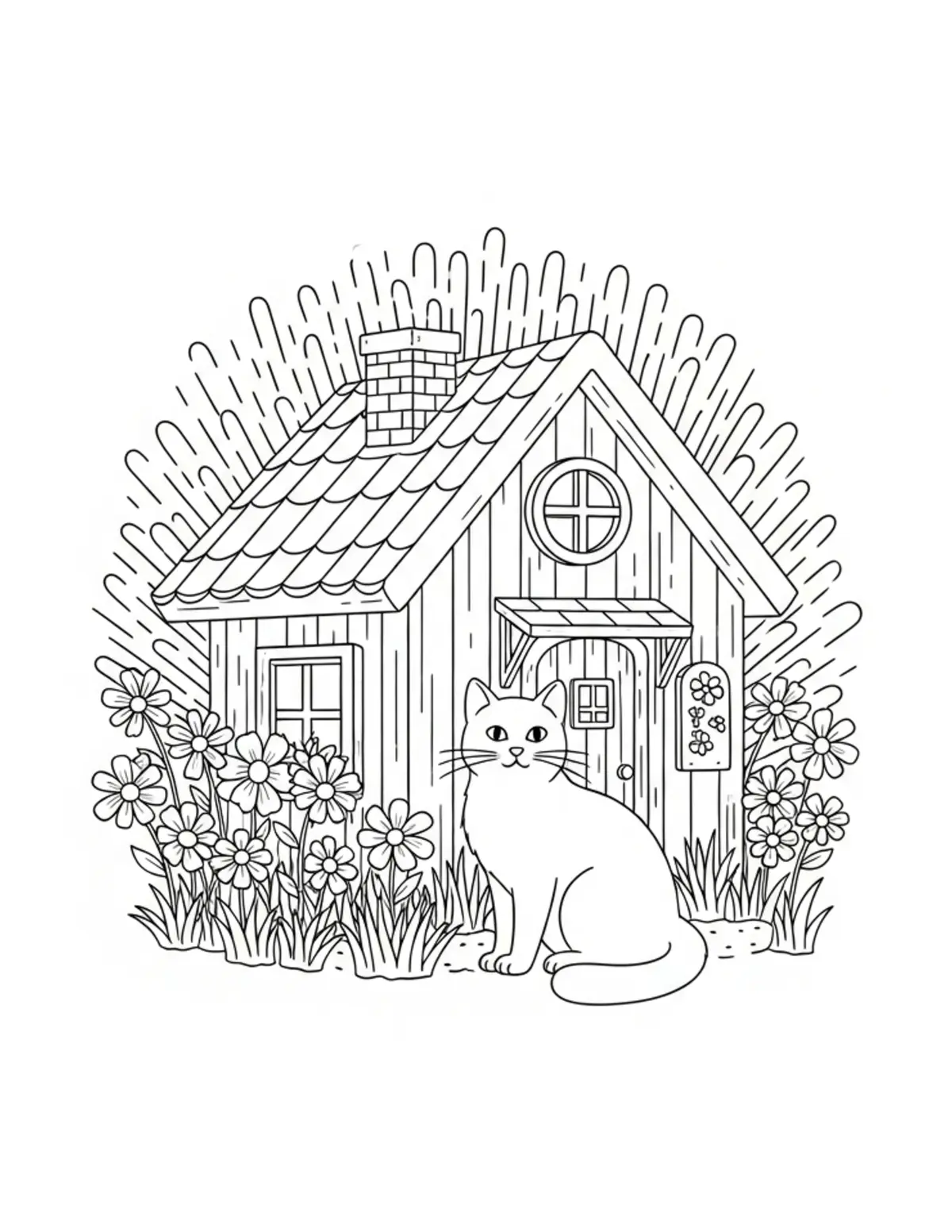 Cat Cottage Beside Flower Gard — free printable cozy coloring coloring page for kids and adults