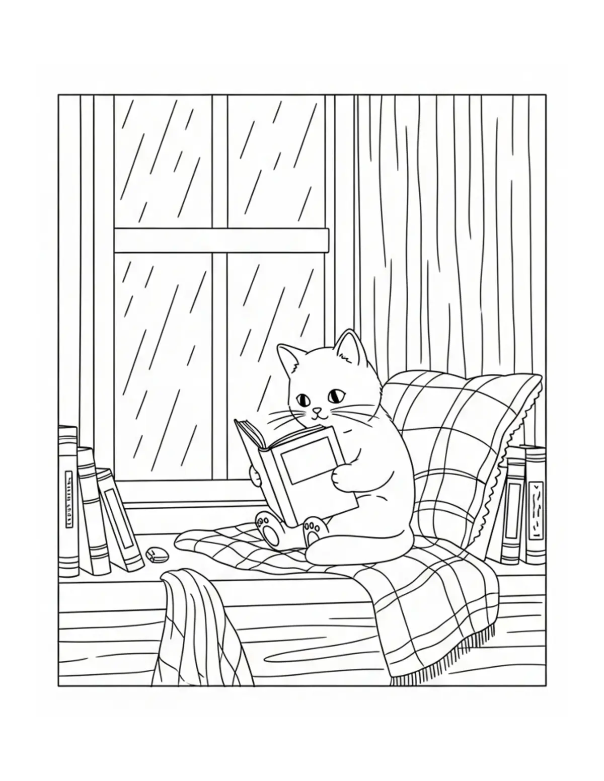Free printable coloring page: cute cat reading beside rainy coloring page. Cute and cozy animal design for kids and adults to download and print.