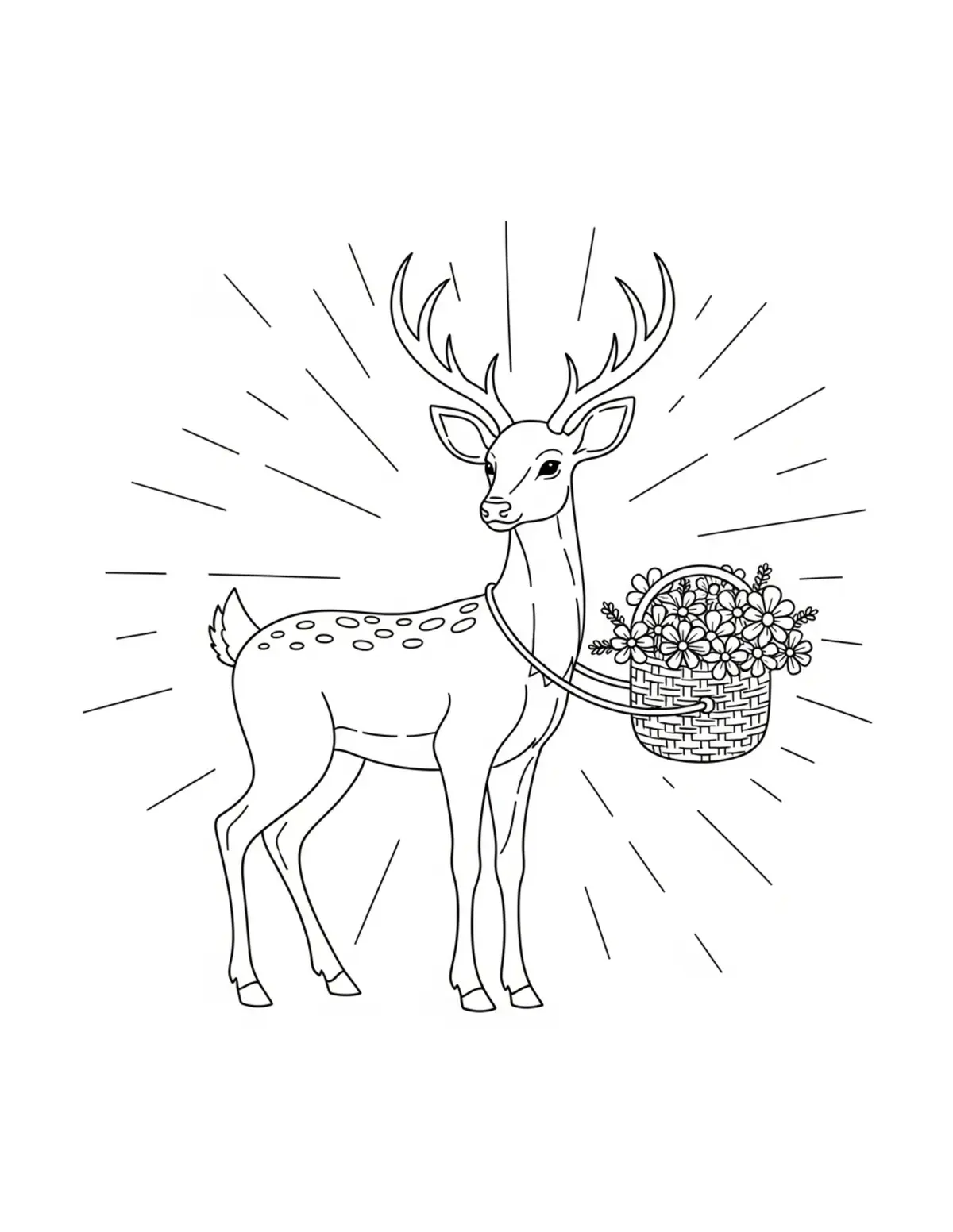 Free printable coloring page: deer carrying flower basket coloring page. Cute and cozy deer cottage design for kids and adults to download and print.