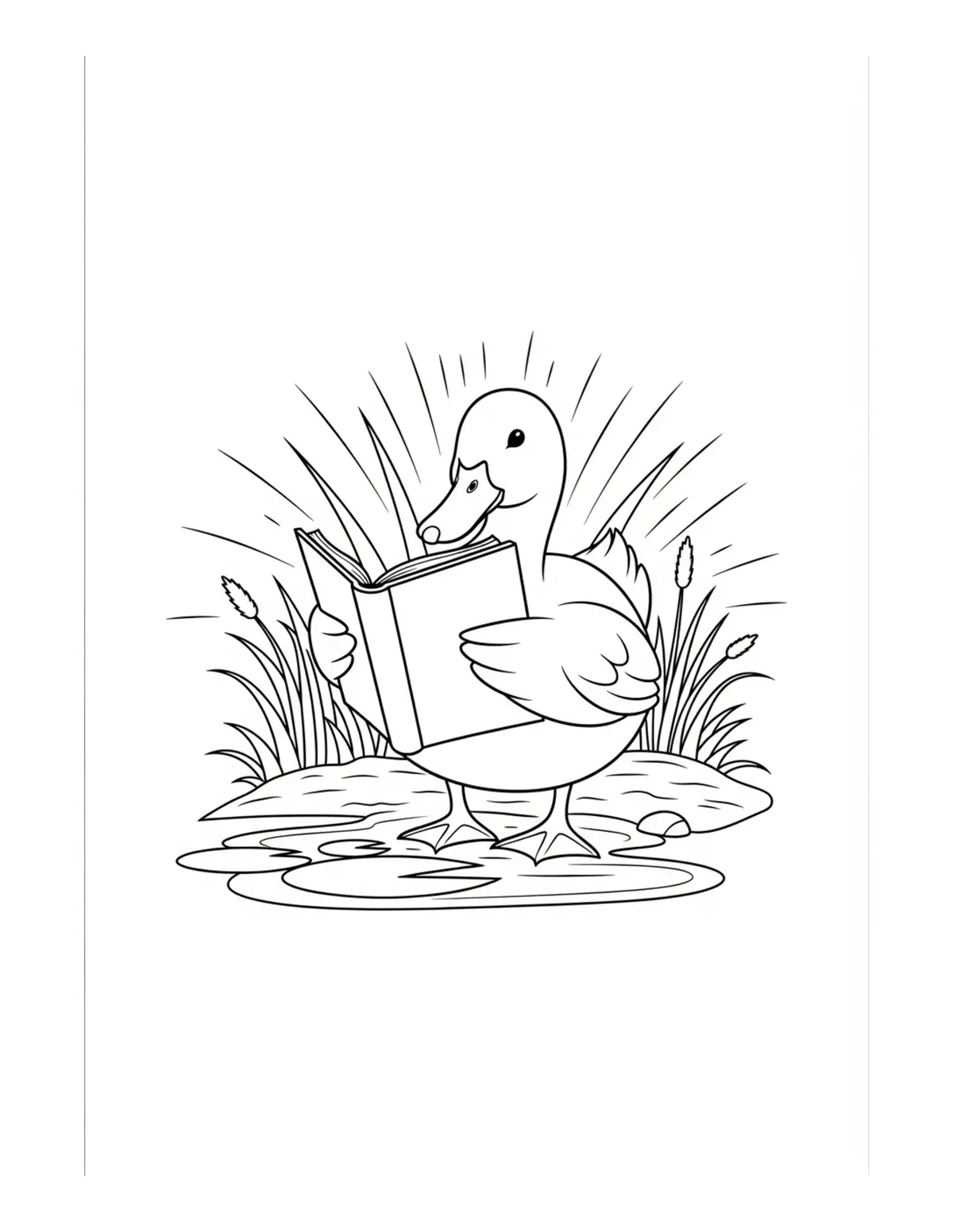 Duck Reading Book Near Pond Coloring Page - free printable JPG featuring adorable duck scenes