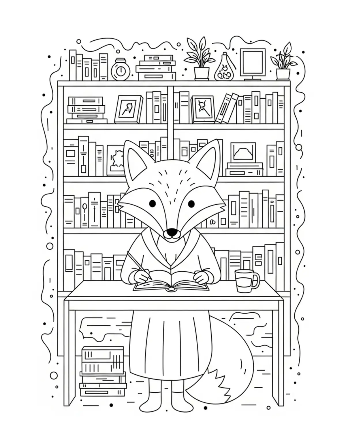 Free printable coloring page: fox-bookstore-with-8-hidden-ob coloring page. Cute and cozy design for kids and adults to download and print.
