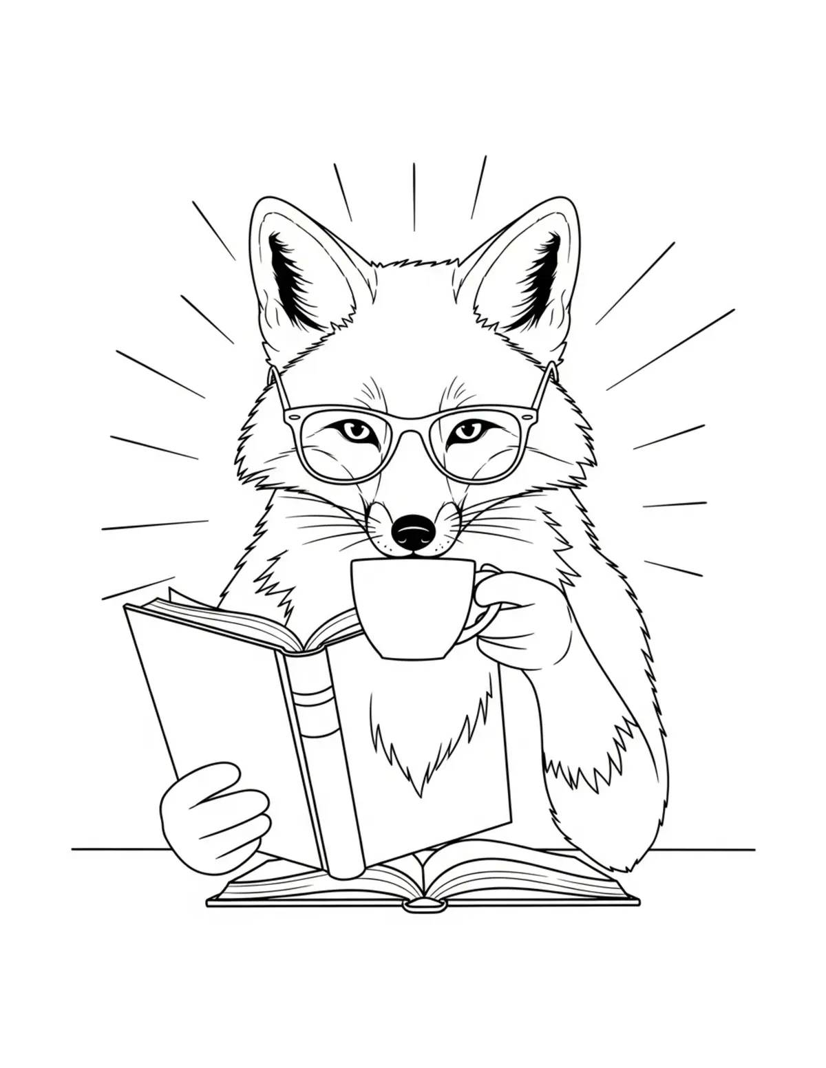 Free printable coloring page: fox drinking coffee while read coloring page. Cute and cozy bookstore and reading design for kids and adults to download and print.