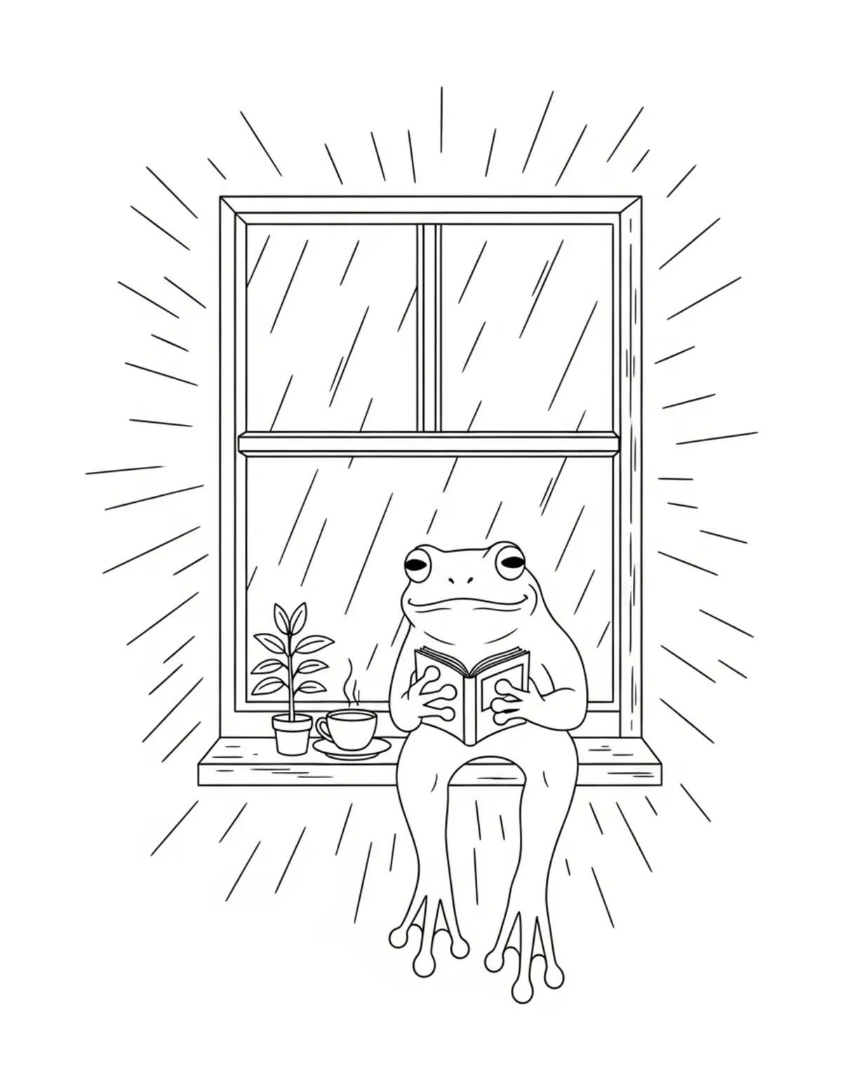 Free printable coloring page: frog reading by rainy cafe win coloring page. Cute and cozy design for kids and adults to download and print.