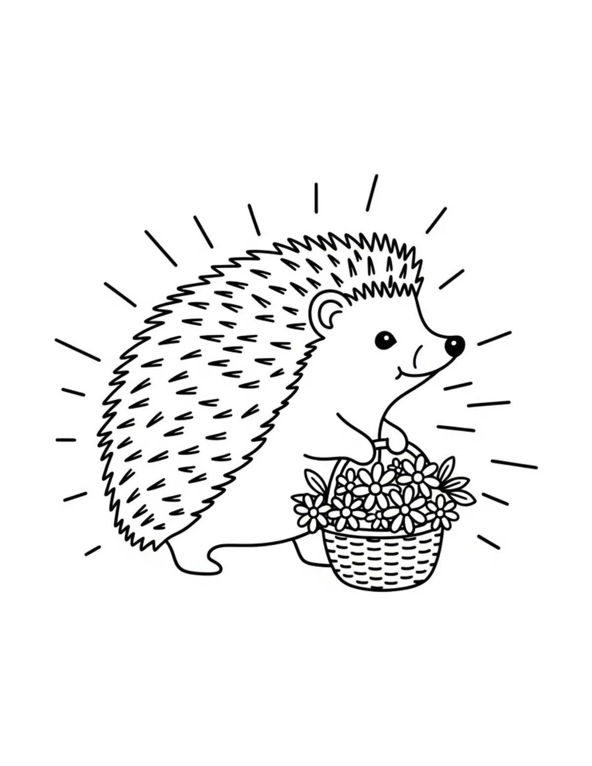 Free printable coloring page: hedgehog carrying flower baske coloring page. Cute and cozy hedgehog garden design for kids and adults to download and print.
