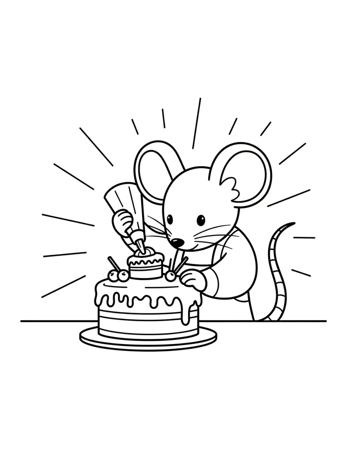 Free printable coloring page: mouse decorating cake coloring page. Cute and cozy mouse tea party design for kids and adults to download and print.