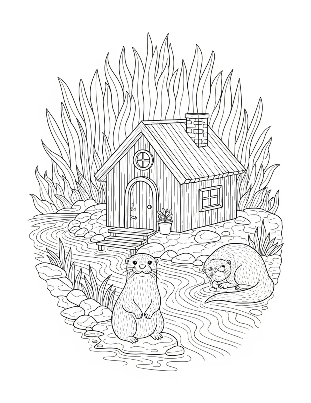 Otter Riverside Cottage coloring page - free printable JPG featuring adorable otters