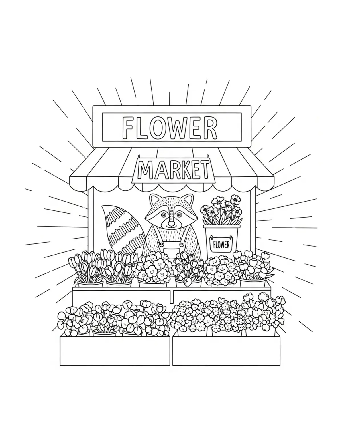 Raccoon Flower Market coloring page - free printable JPG featuring adorable raccoons at a market