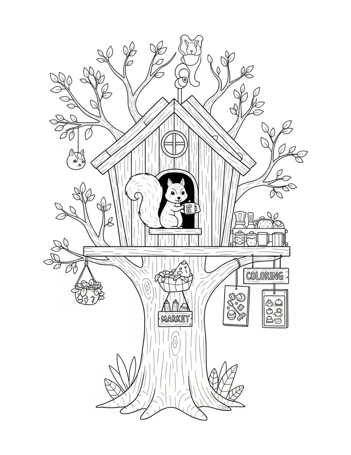 Squirrel Treehouse Market coloring page - free printable JPG featuring adorable squirrels in a woodland scene