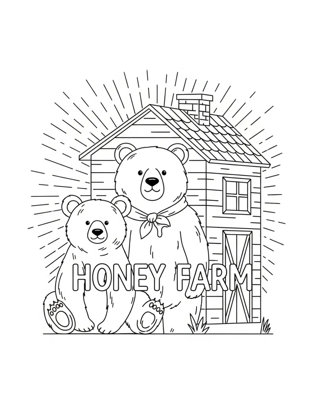Free printable coloring page: bear honey farm coloring page. Cute and cozy design for kids and adults to download and print.