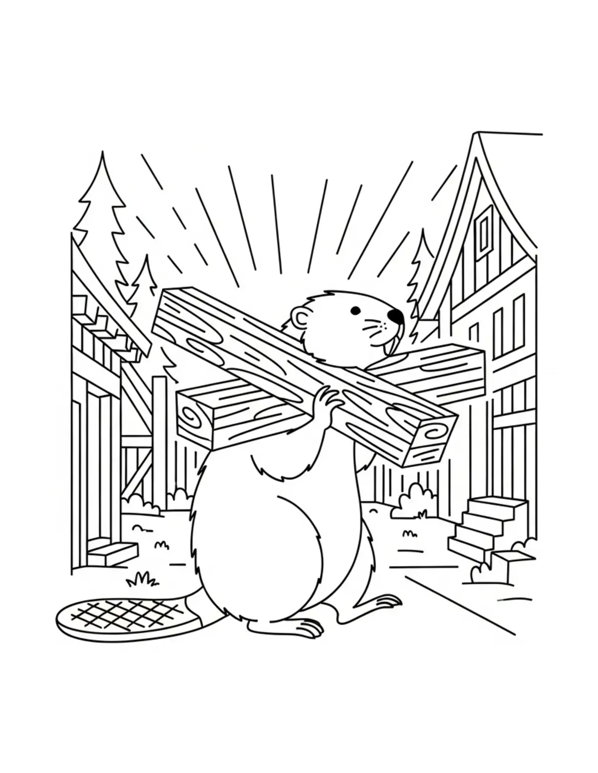 Beaver Carrying Wooden Planks Coloring Page - free printable JPG featuring adorable woodland beaver