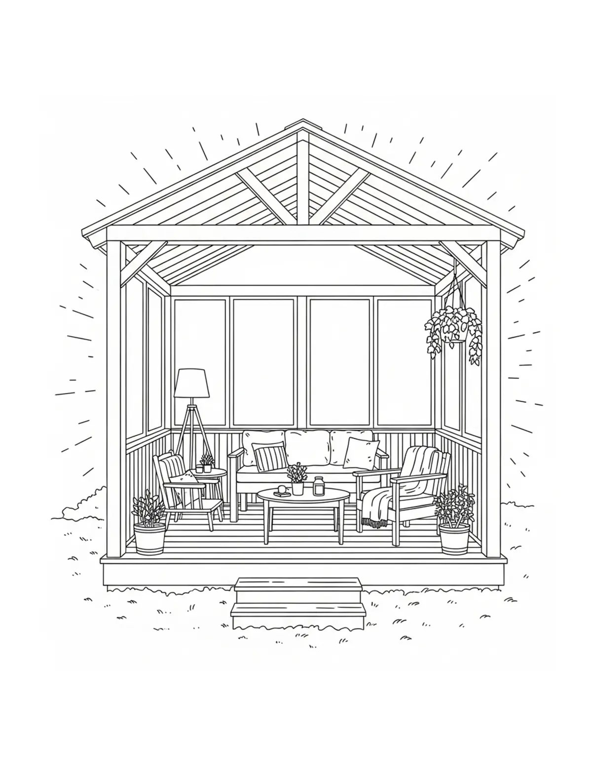 Free printable coloring page: cozy cottage sun porch coloring page. Cute and cozy design for kids and adults to download and print.