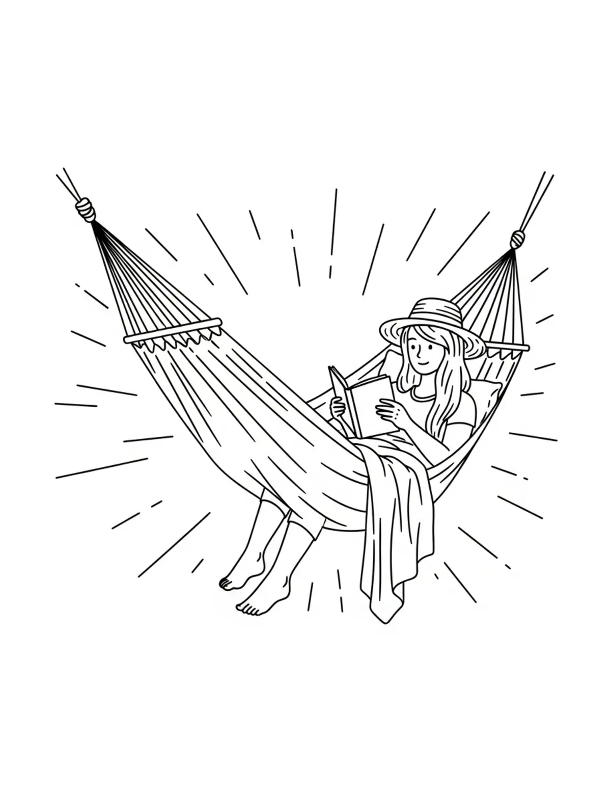 Free printable coloring page: cozy summer hammock reading coloring page. Cute and cozy summer design for kids and adults to download and print.