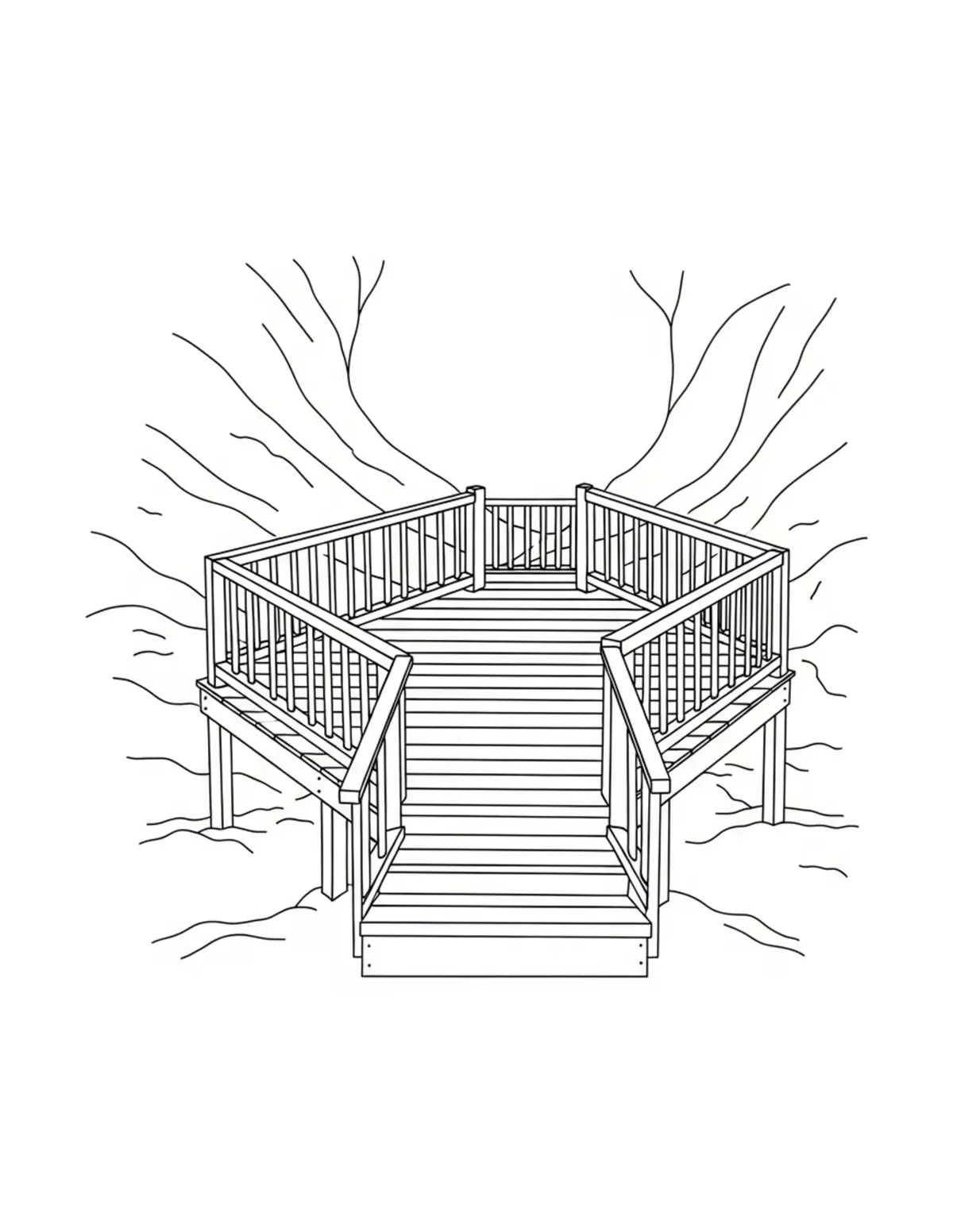 Free printable coloring page: hidden-woodland-lookout-deck coloring page. Cute and cozy design for kids and adults to download and print.