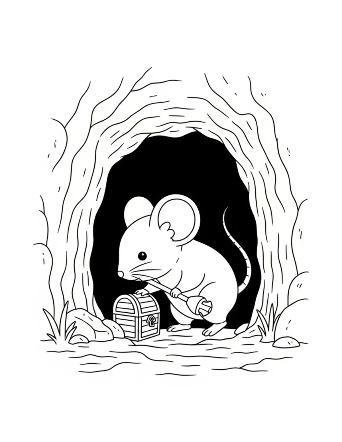 Free printable coloring page: little mouse searching for hid coloring page. Cute and cozy tiny animal design for kids and adults to download and print.