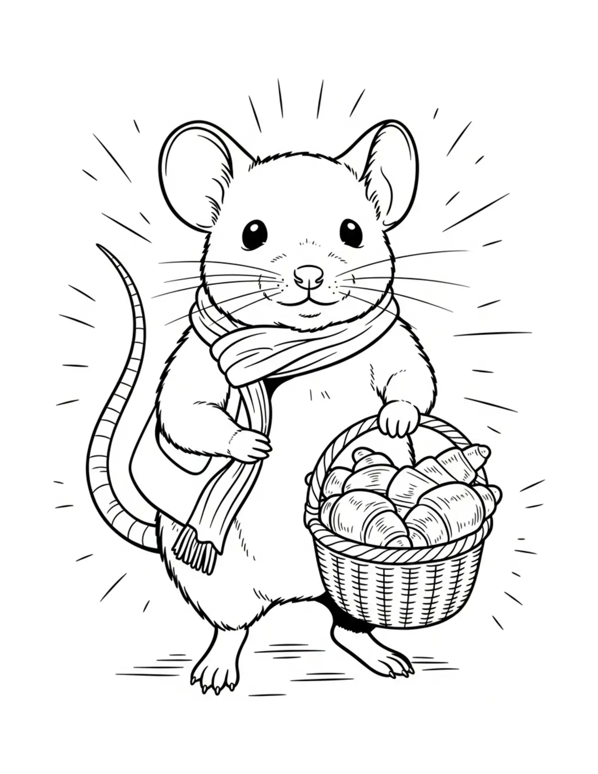 Mouse Carrying A Basket Of War Coloring Page - free printable JPG featuring adorable mouse bakery scenes