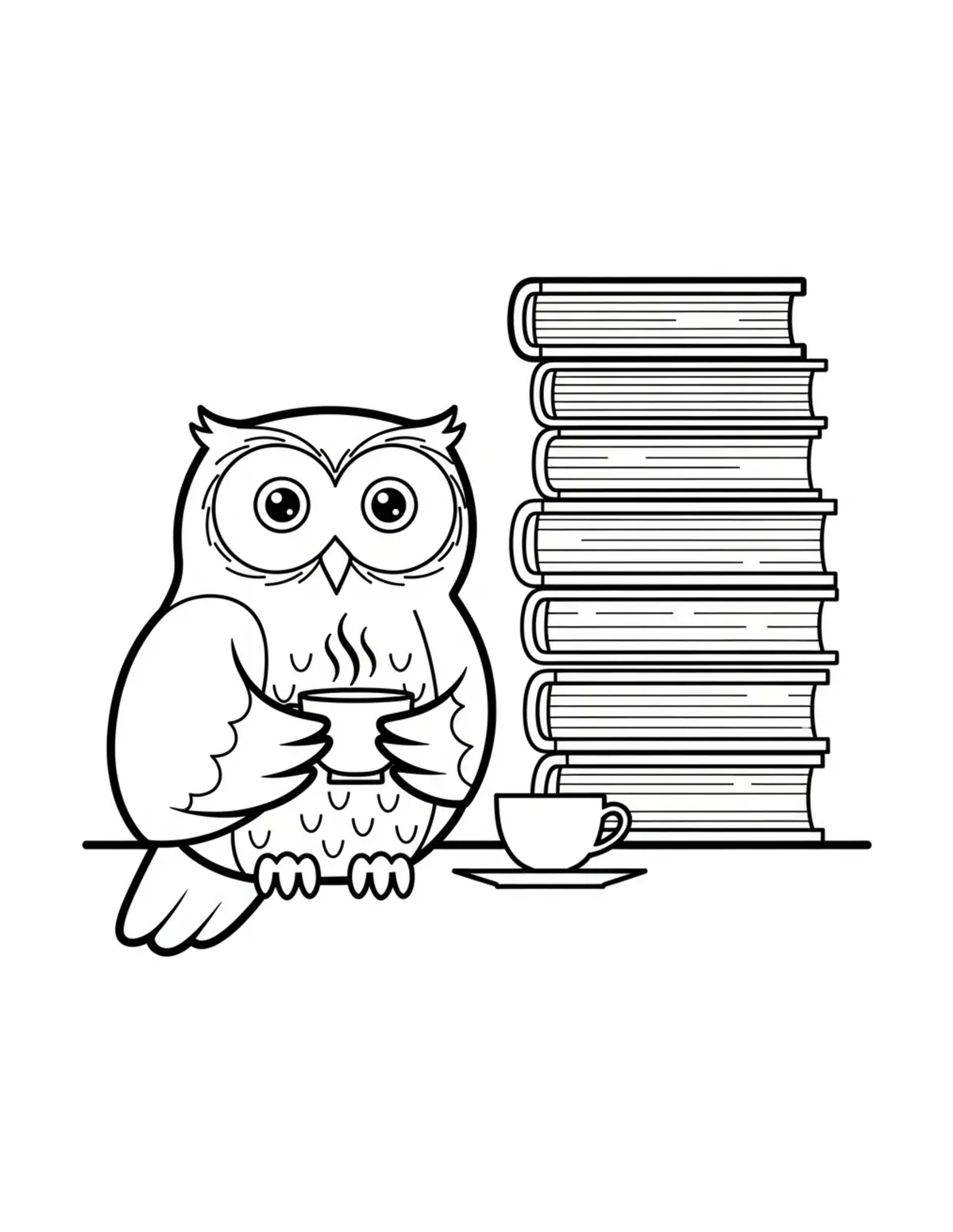 Owl Drinking Tea Beside A Stac Coloring Page - free printable JPG featuring adorable owl reading scenes