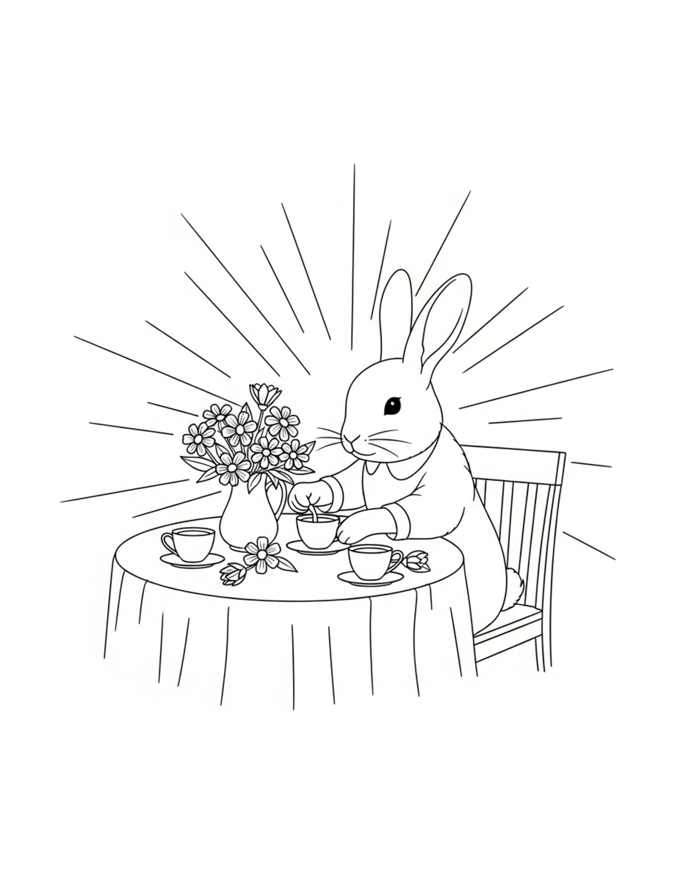 Rabbit Decorating A Tea Table Coloring Page - free printable JPG featuring adorable rabbit