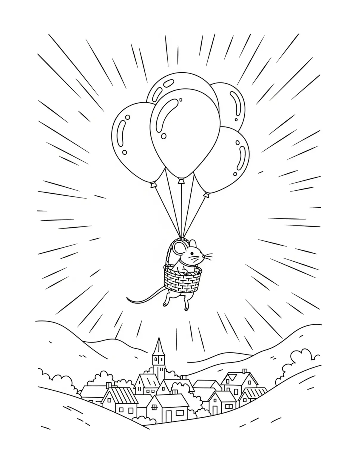 Free printable coloring page: tiny-mouse-flying-a-balloon-ba coloring page. Cute and cozy design for kids and adults to download and print.