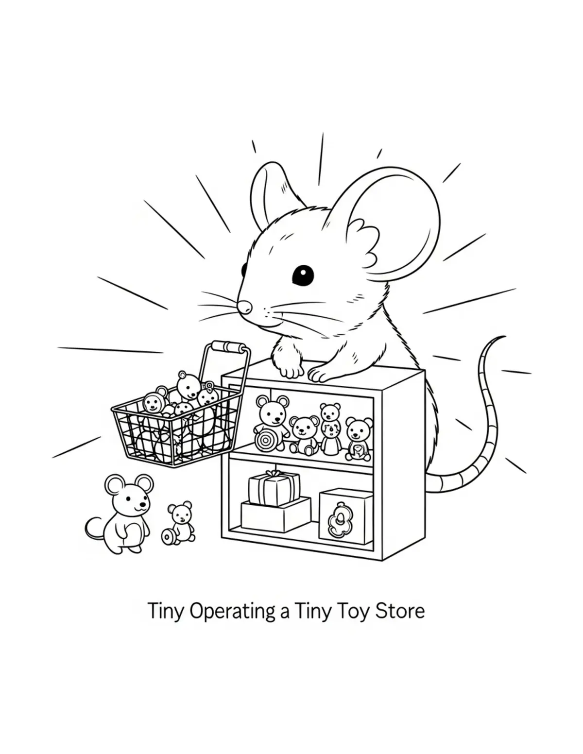 Free printable coloring page: tiny-mouse-operating-a-tiny-to coloring page. Cute and cozy design for kids and adults to download and print.
