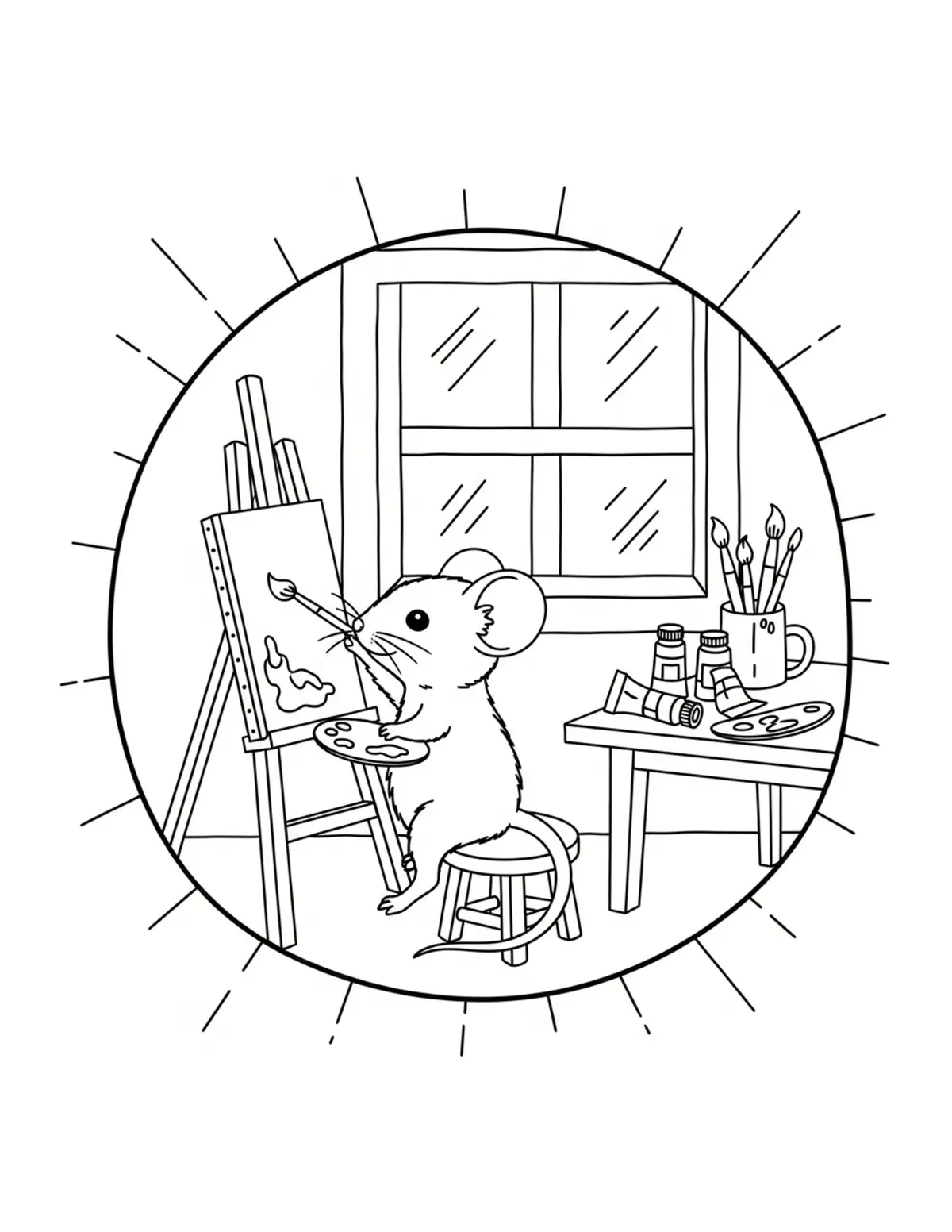 Free printable coloring page: tiny-mouse-painting-in-an-art coloring page. Cute and cozy design for kids and adults to download and print.