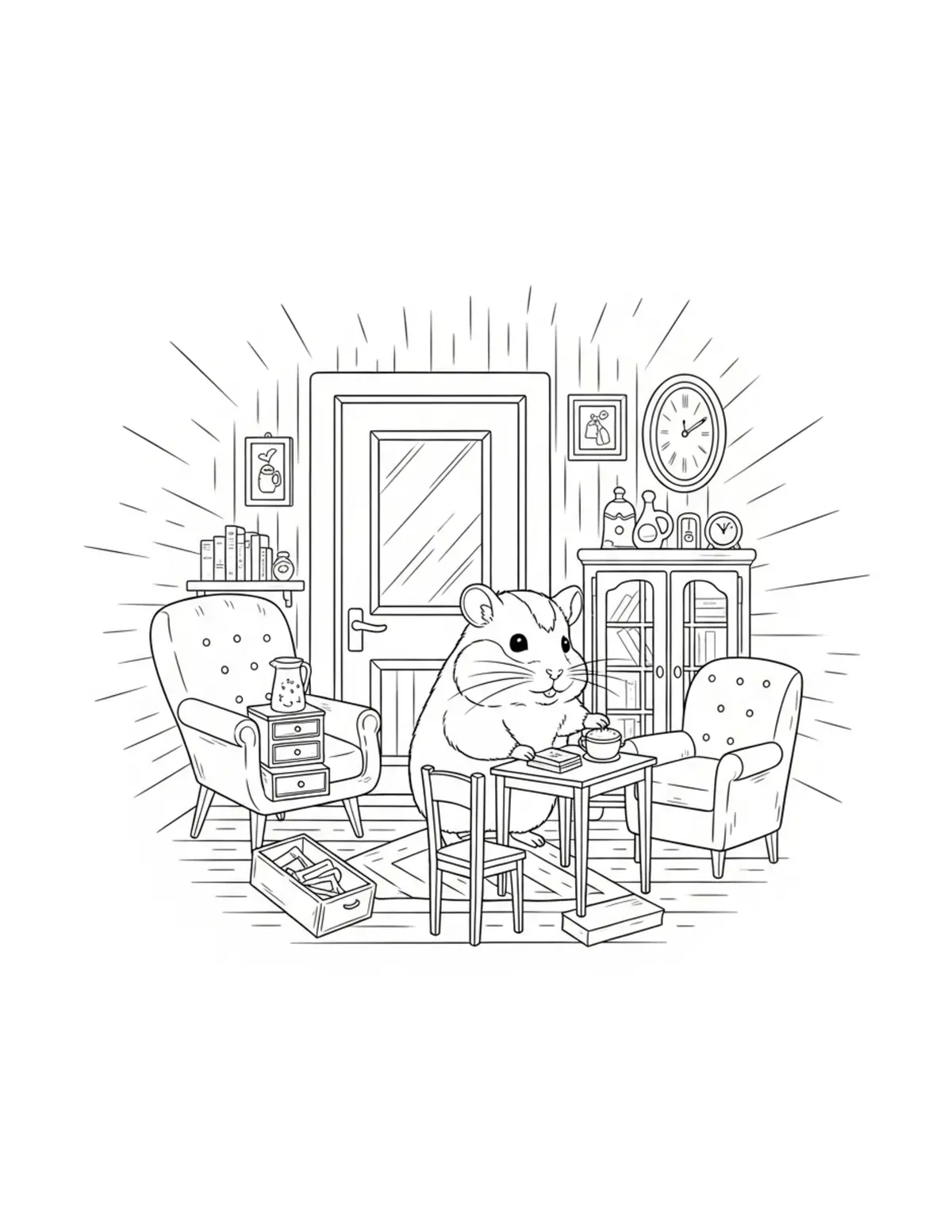 Tiny Hamster Arranging Vintage Coloring Page - free printable JPG featuring adorable tiny animal village scene
