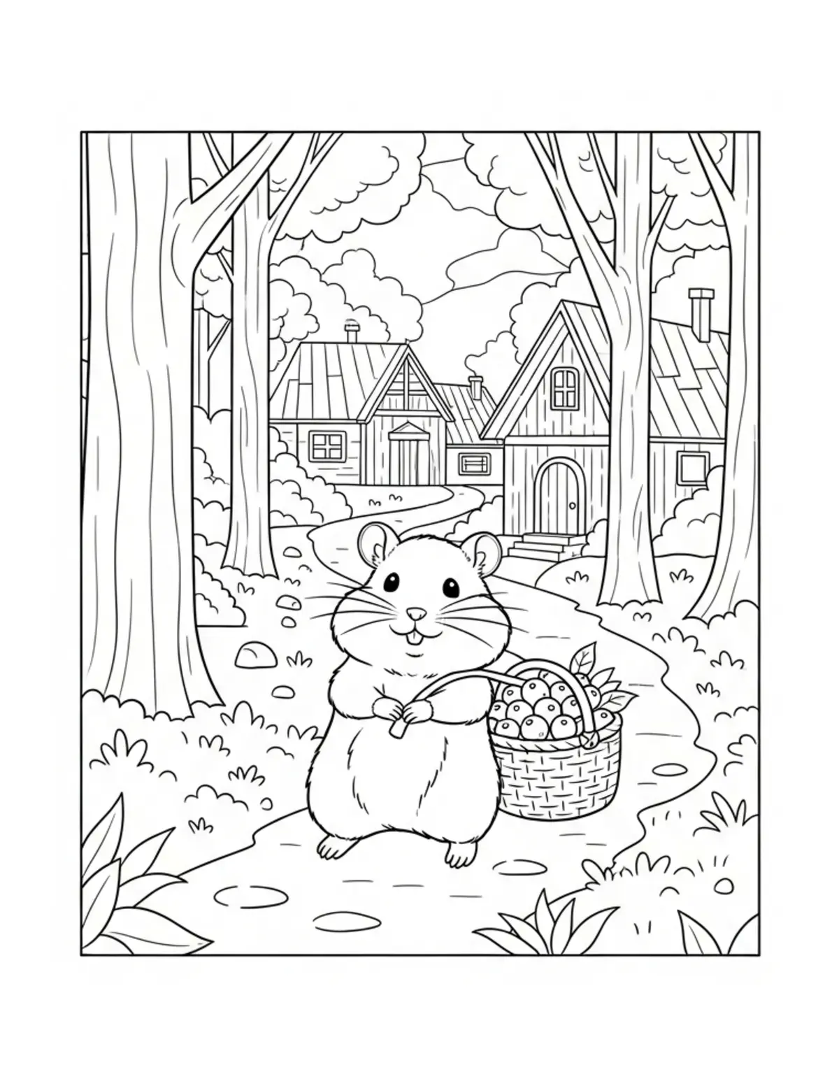 Tiny Hamster Carrying A Basket Coloring Page - free printable JPG featuring adorable tiny animal village scene