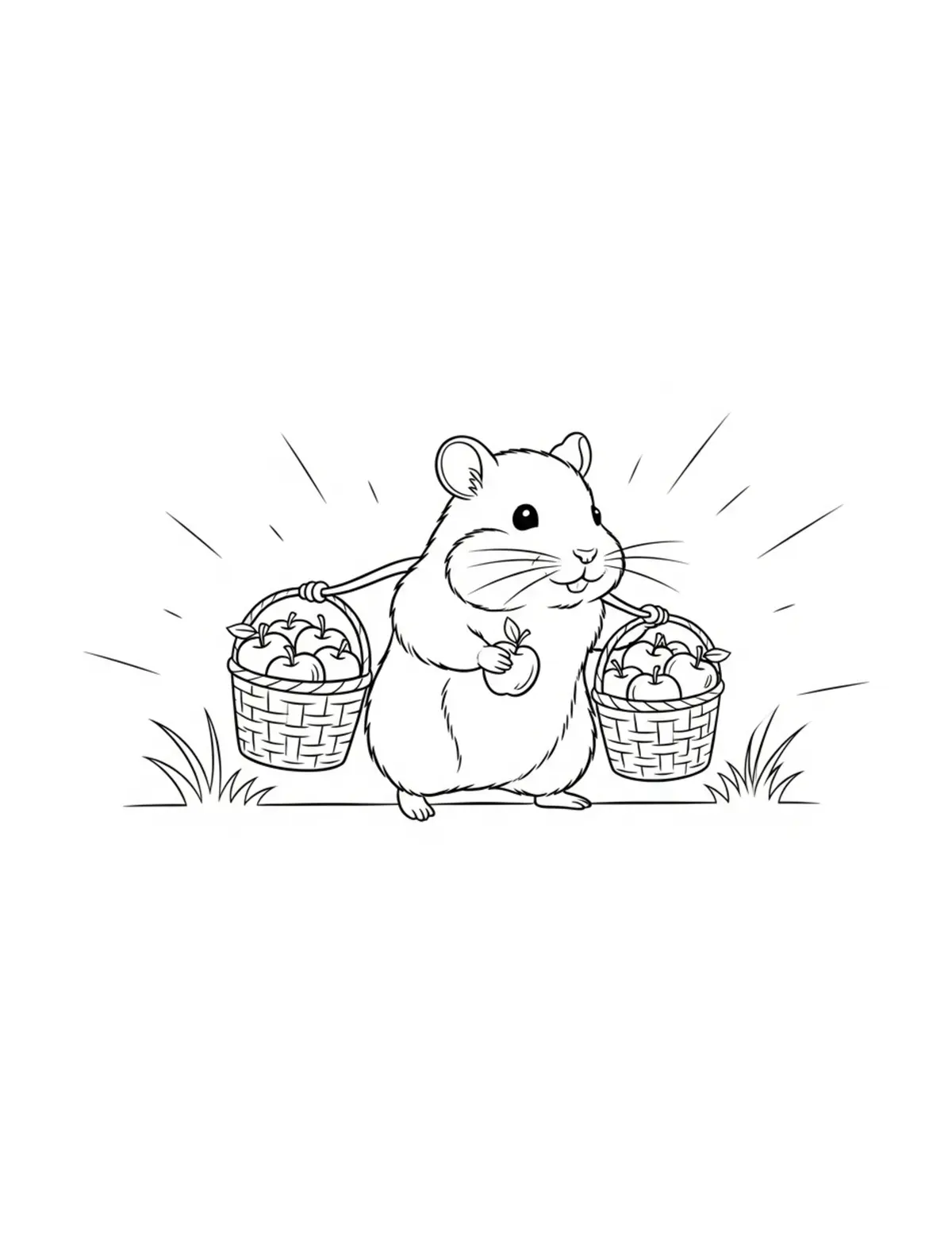 Tiny Hamster Carrying Baskets Coloring Page - free printable JPG featuring adorable tiny animal village scene