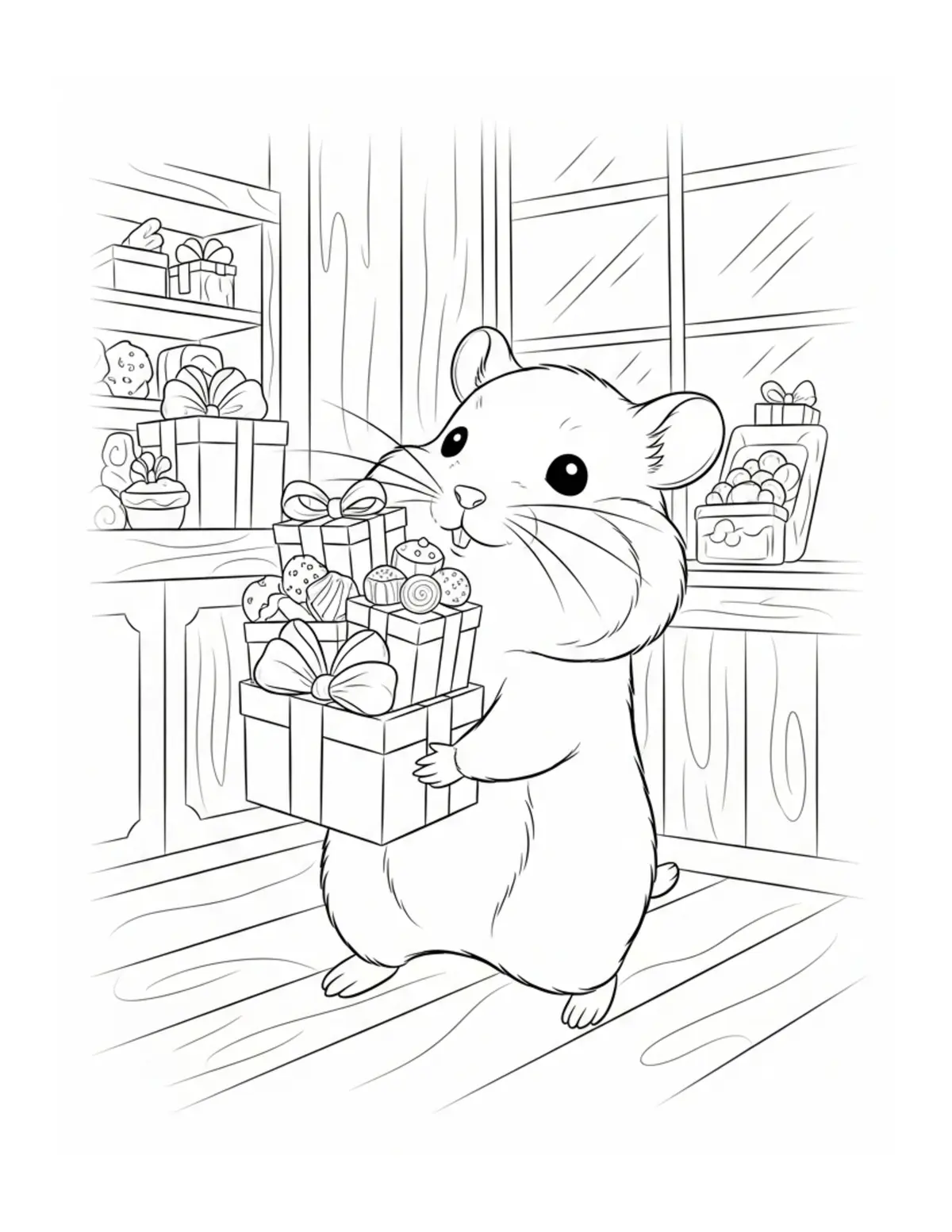 Tiny Hamster Carrying Gift Box Coloring Page - free printable JPG featuring adorable tiny animal village scene