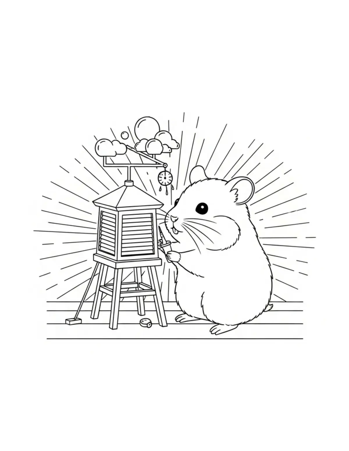 Tiny Hamster Operating a Miniature Train coloring page - free printable JPG featuring adorable woodland animals