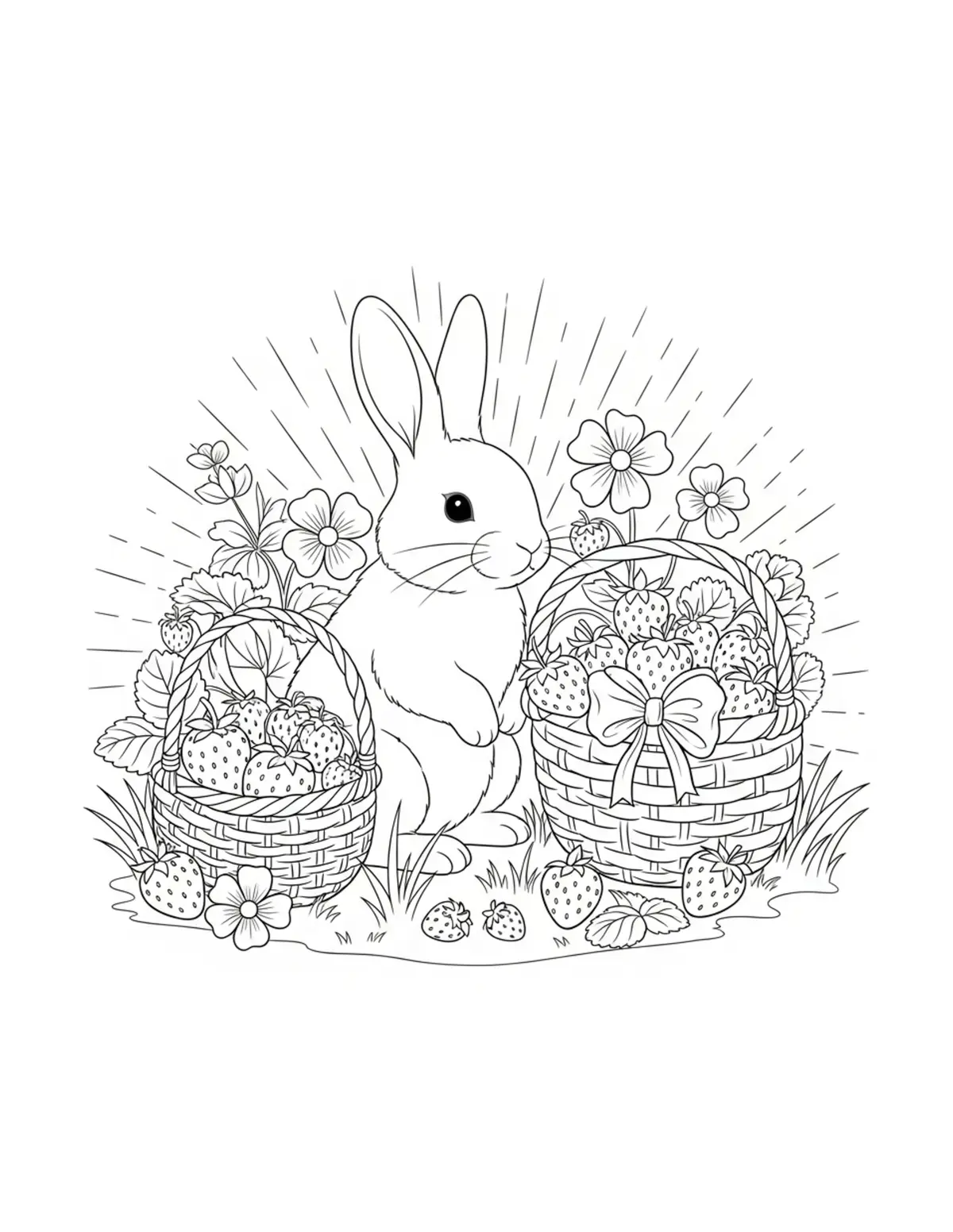 Free printable coloring page: tiny rabbit strawberry farm b coloring page. Cute design for kids and adults.