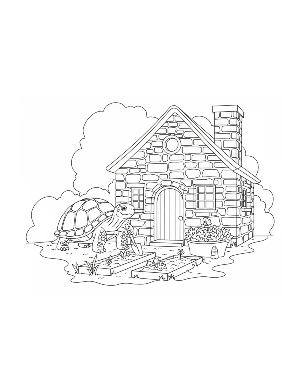 Turtle Gardening beside a Ston Coloring Page - free printable JPG featuring adorable woodland animals