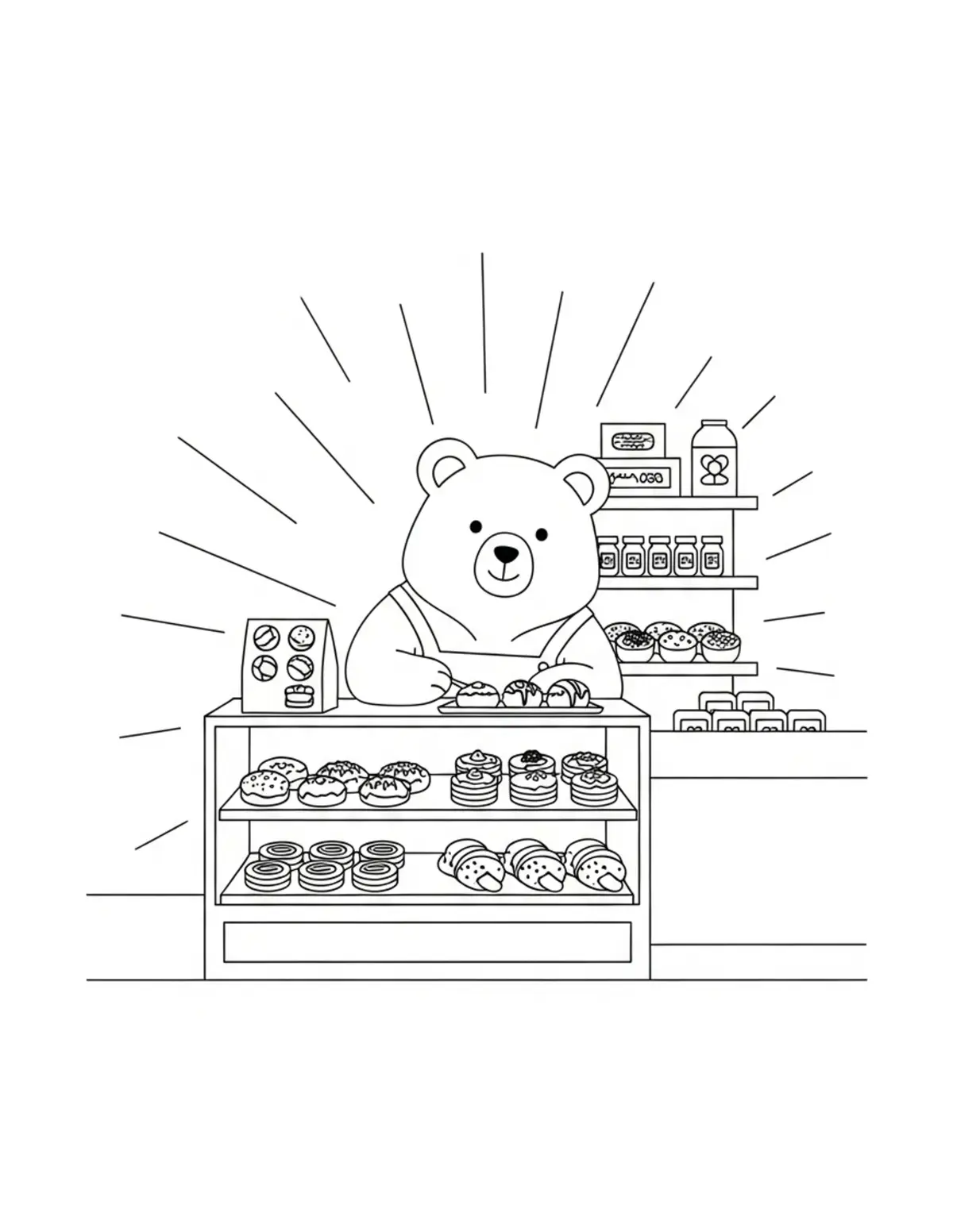Free printable coloring page: bear-selling-pastries-in-baker coloring page. Cute and cozy design for kids and adults to download and print.
