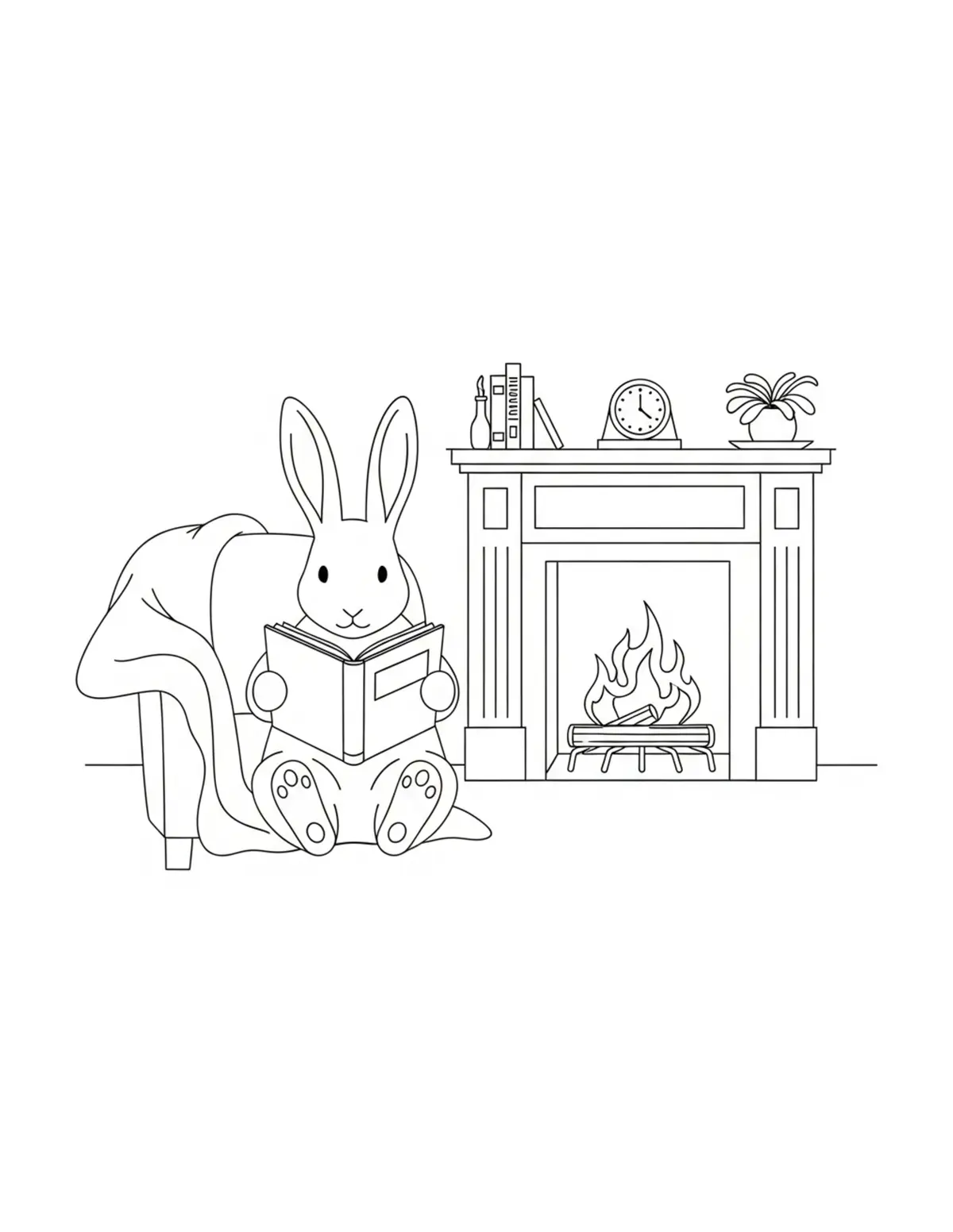 Free printable coloring page: bunny reading book by fireplac coloring page. Cute and cozy design for kids and adults to download and print.