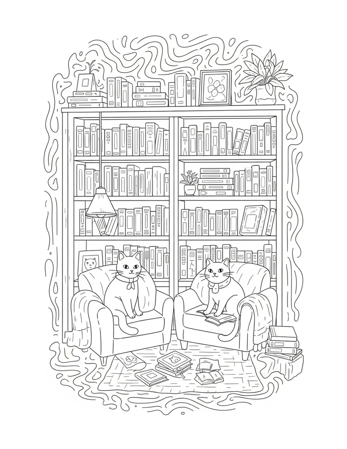 Cat Bookstore With Cozy Readin — free printable cozy coloring coloring page for kids and adults