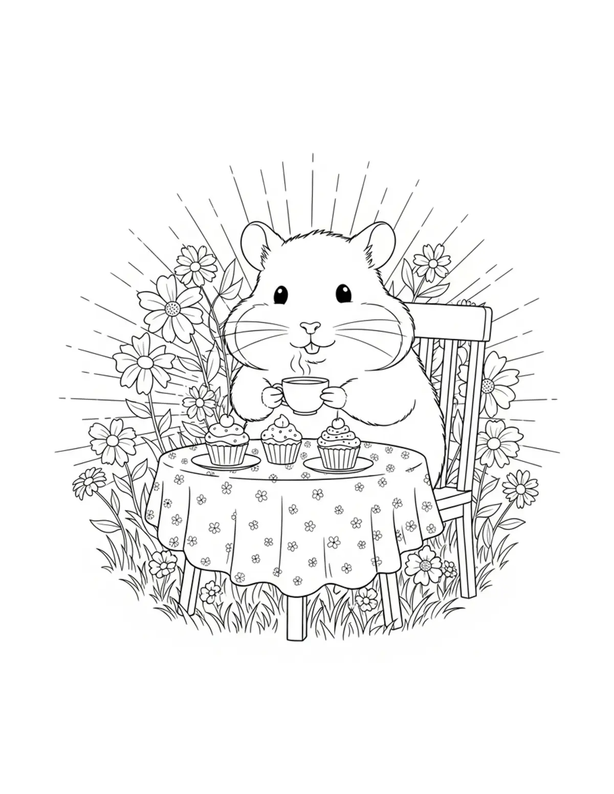 Free printable coloring page: cute hamster having tea in flo coloring page. Cute and cozy animal design for kids and adults to download and print.