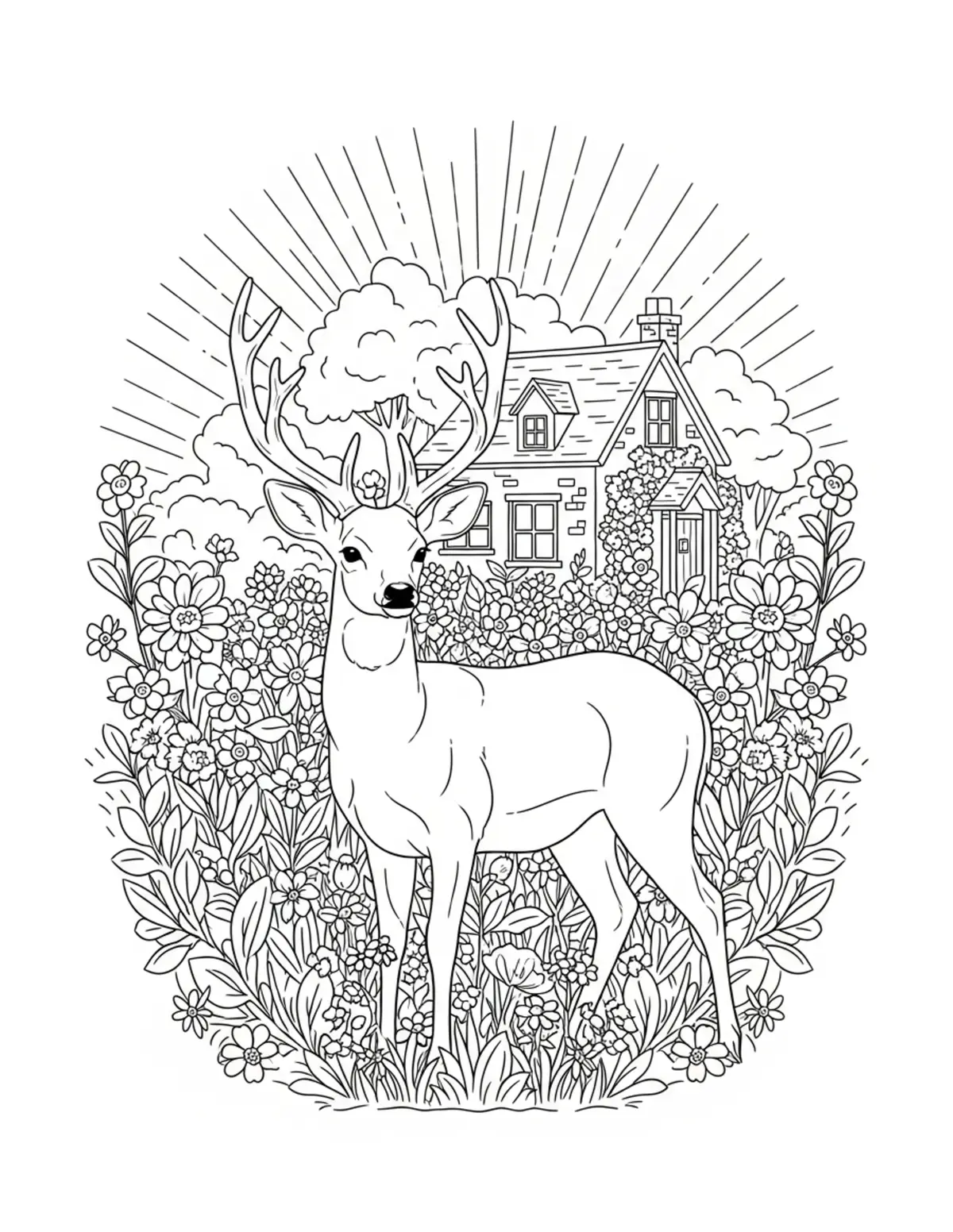 Free printable coloring page: deer cottage garden coloring page. Cute and cozy deer cottage design for kids and adults to download and print.