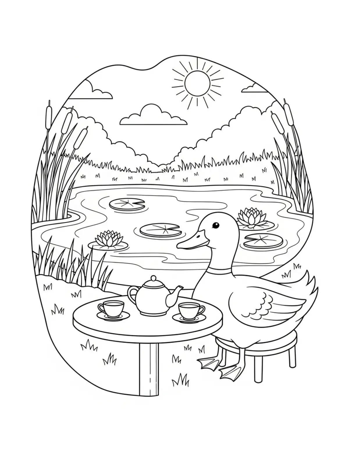Duck Having Tea Party Beside P Coloring Page - free printable JPG featuring adorable duck scenes