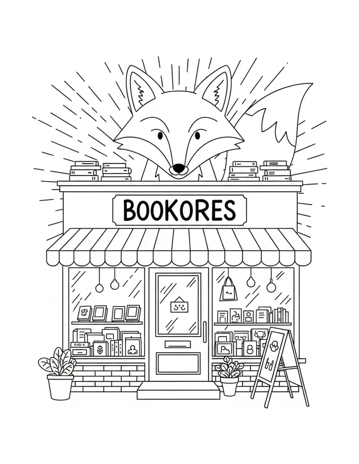 Free printable coloring page: fox bookstore storefront coloring page. Cute and cozy bookstore and reading design for kids and adults to download and print.