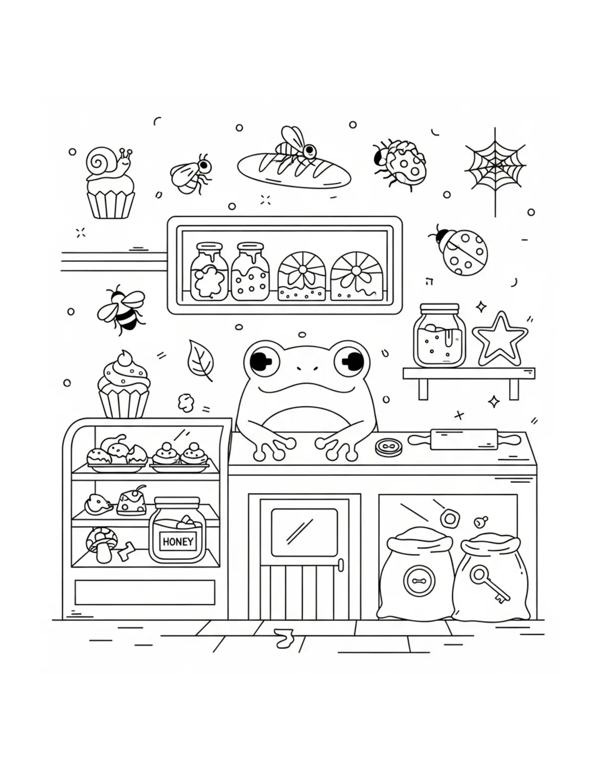 Free printable coloring page: frog-bakery-with-10-hidden-obj coloring page. Cute and cozy design for kids and adults to download and print.