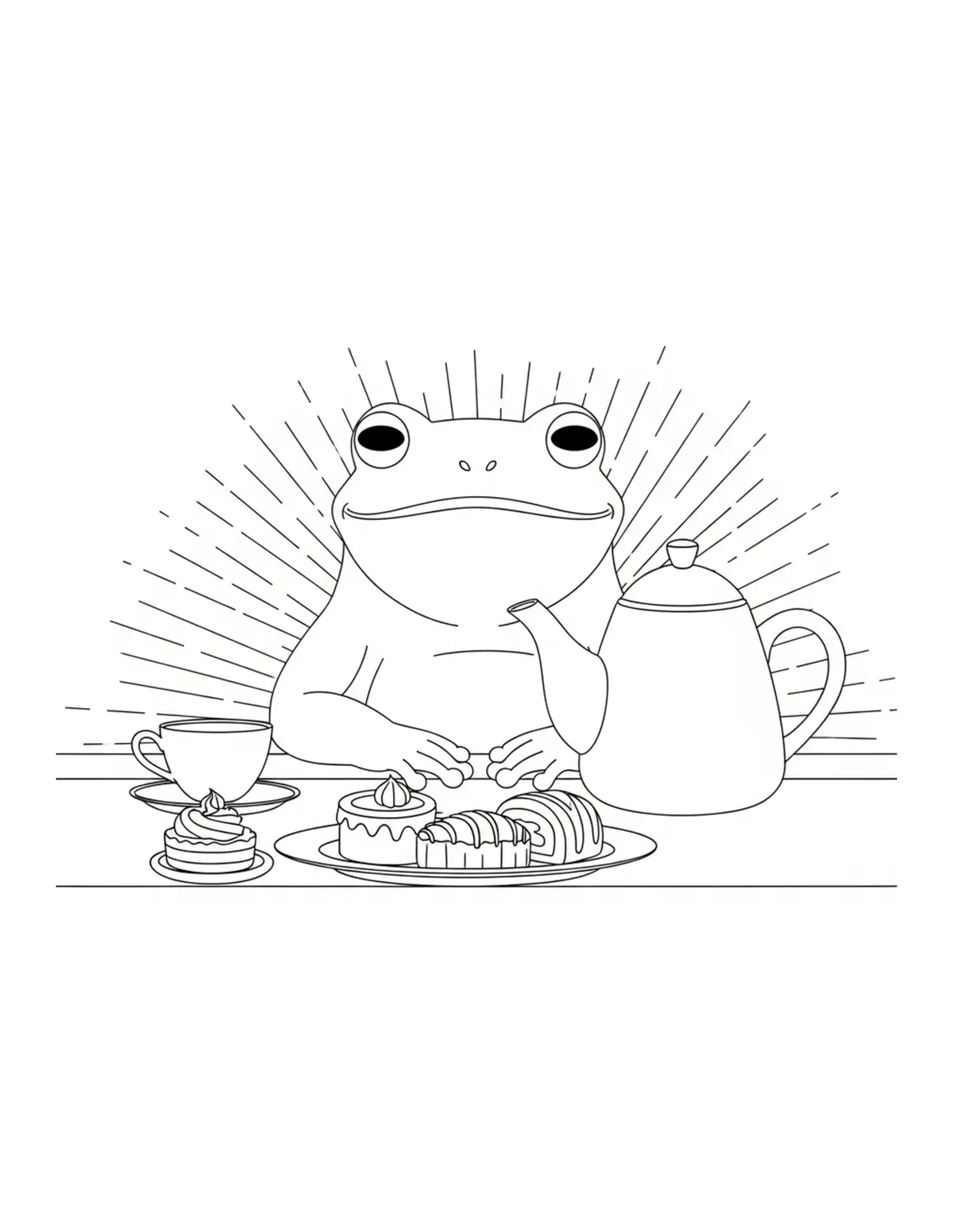Free printable coloring page: frog tea room with teapot and coloring page. Cute and cozy design for kids and adults to download and print.