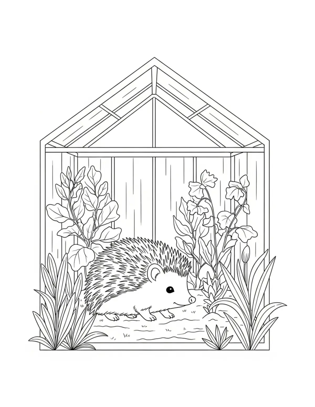 Free printable coloring page: hedgehog greenhouse garden coloring page. Cute and cozy hedgehog garden design for kids and adults to download and print.