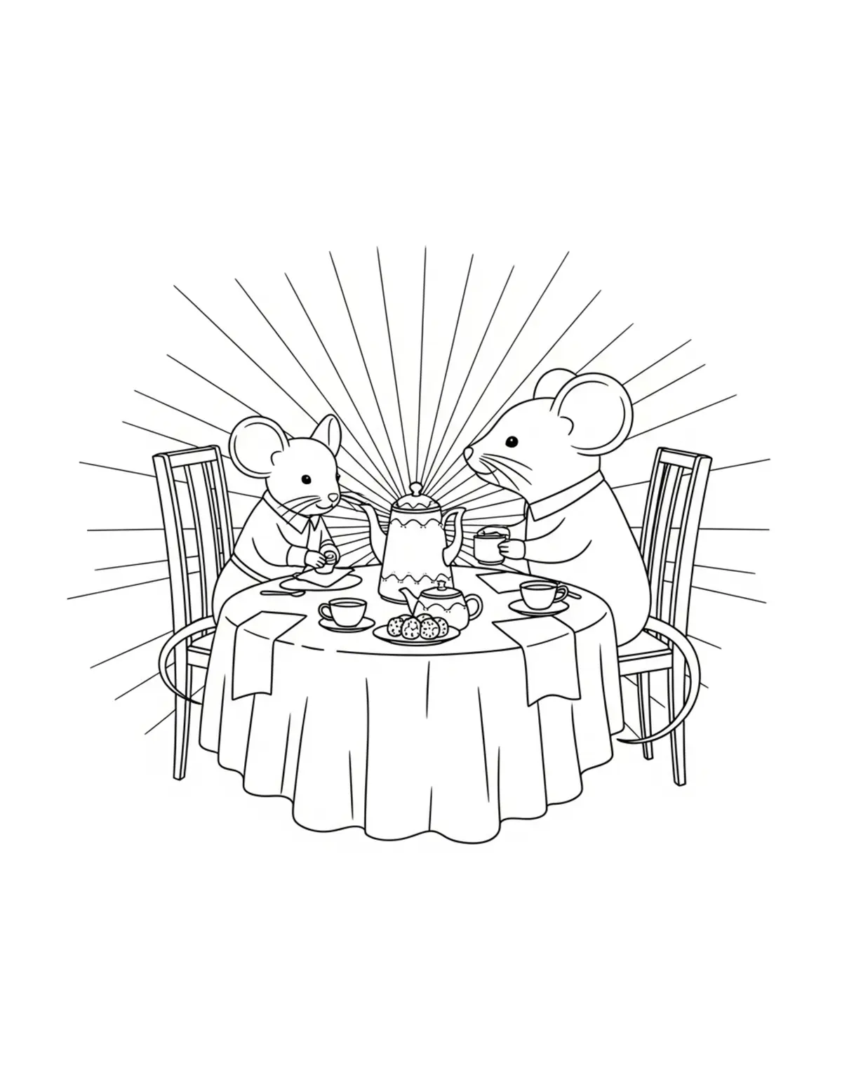 Free printable coloring page: mouse tea party table coloring page. Cute and cozy mouse tea party design for kids and adults to download and print.