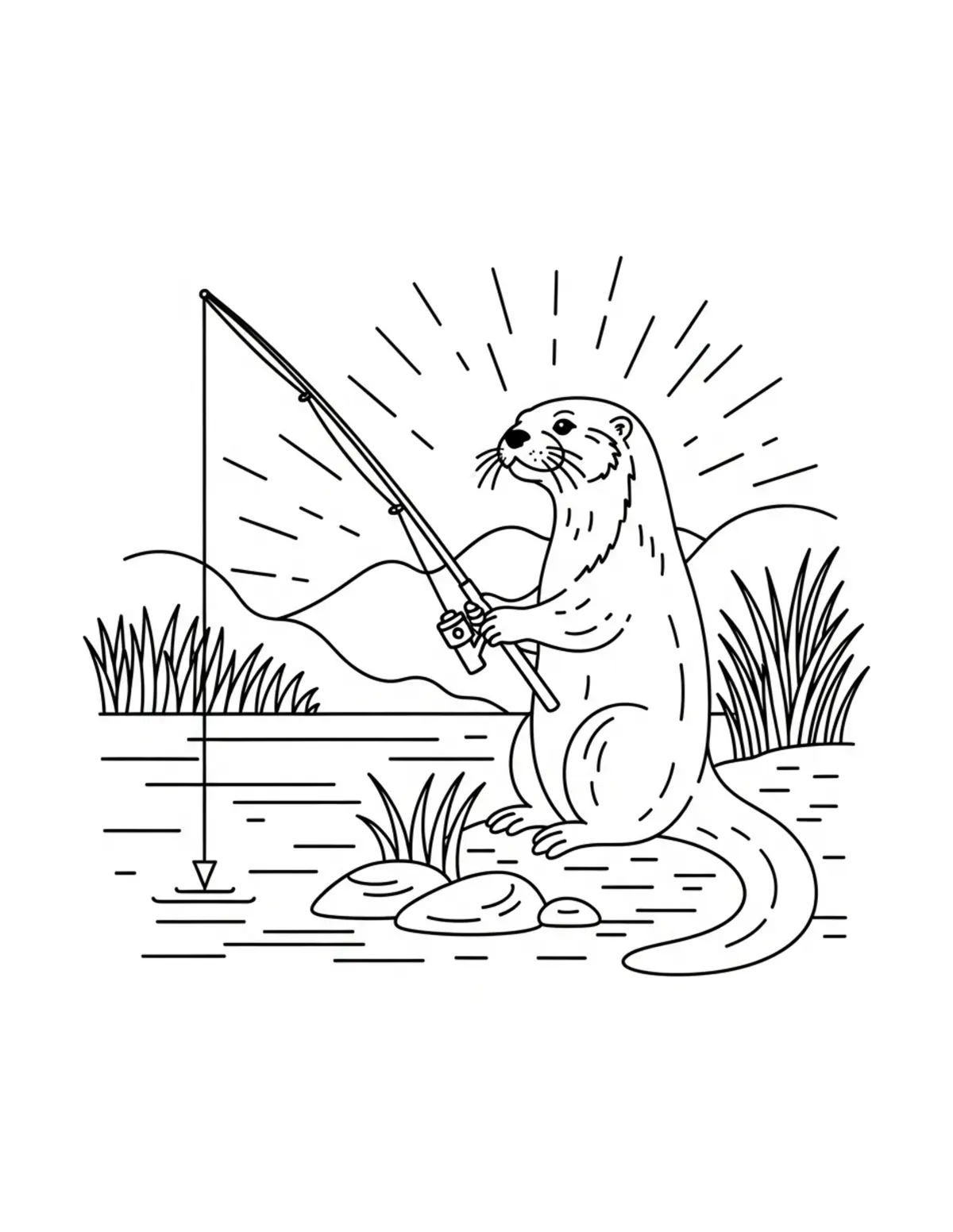 Otter Fishing By Riverbank coloring page - free printable JPG featuring adorable otters